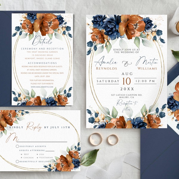 Wedding Invitation Set, Burnt Orange and Navy Blue Invite Set, Editable and Printable Terracotta & Navy Invitation, Instant Download Invites
