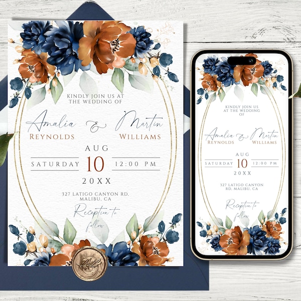 Wedding Invitation Template, Burnt Orange and Navy Blue Invites For Phone and Print, Editable and Printable, Terracotta and Navy Invitations