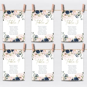 Blozen roze en marineblauwe stoel grafiek sjabloon, bloemen bruiloft stoel grafiek, hangende stoel grafiek bruiloft tabel zitplaatsen plan kaarten VIVIAN