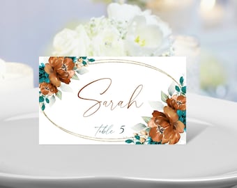 Terracotta Floral Wedding Place Cards: Printable Teal Green Guest Names
