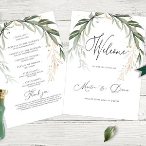 Könnte beinhalten: Ein Willkommens-Schild für eine Hochzeit mit einem aquarellierten Design in Grün und Gold. Der Text lautet "Willkommen zur Hochzeit von Martin & Diane am 26. August 20XX um 14:00 Uhr".