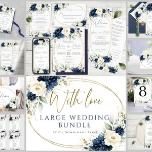 Modèle de lot de faire-part de mariage, ensemble d'invitations de mariage imprimable bleu marine et blanc, lot de mariage bricolage modifiable, ensemble d'invitations personnalisées.
