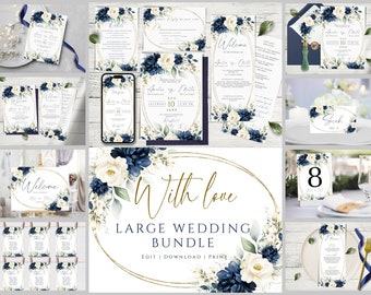Navy Blue Floral Wedding Invitation Bundle: Editable & Printable DIY Invites Set