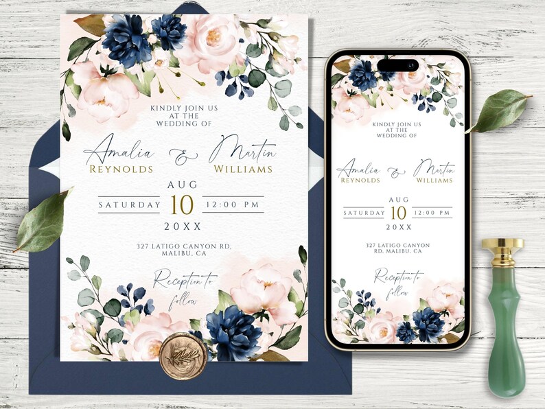 VIVIAN Blush Pink &amp; Blue Navy Wedding Invitation Template SET ...