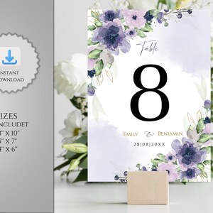 Plantilla de número de mesa de boda, número de mesa púrpura polvoriento, descarga INSTANTÁNEA, número de mesa de boda violeta, bricolaje editable e imprimible