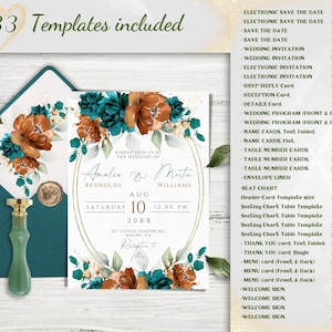 Burnt Orange and Teal Wedding Invites Mega Bundle, Teal Terracotta Editable & Printable Invitation Set