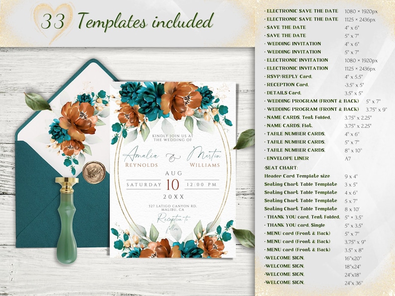 Burnt Orange and Teal Wedding Invites Mega Bundle, Teal Terracotta Editable & Printable Invitation Set