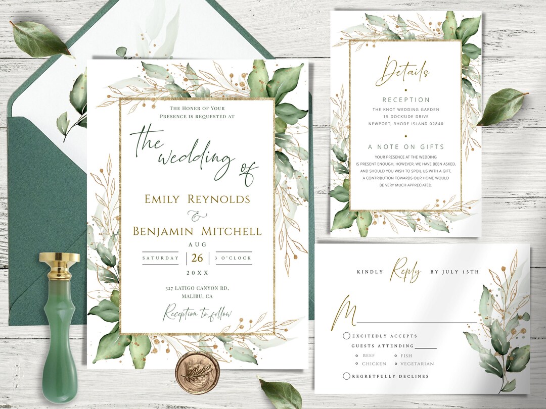 Greenery Gold Leaf Wedding Invitation Template Set (digital Download ...