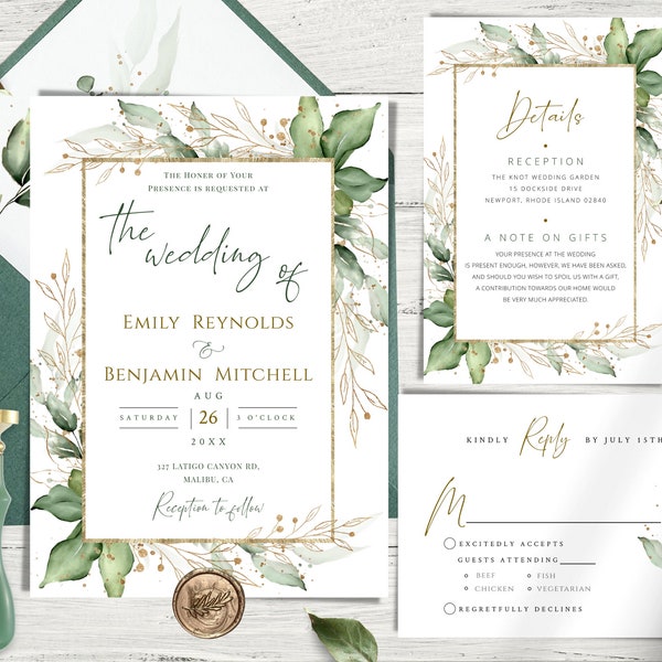 Goldleaf Wedding Invitation Template Set - Elegant Greenery and Gold Leaf Digital Download for Classic, Rustic, Boho, and Vintage Weddings