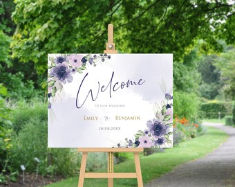 Dusty Purple Floral Wedding Welcome Sign Template (Printable Download)