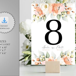PEACH Elegancem, modèle de numéro de table, modifiable et imprimable modèle de carte de numéro de table de mariage bricolage décoration de table de mariage floral pêche