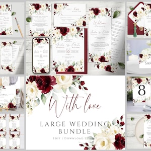 Mega pacchetto di cancelleria per matrimoni, modelli per collezione di matrimoni floreali bordeaux e bianchi, set di inviti di nozze modificabili e stampabili, fai da te.