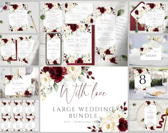 Burgundy & White Floral Wedding Invitation Mega Bundle  (Editable and Printable Templates)