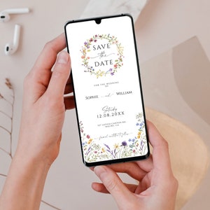 Wildflowers Electronic Save The Date Template, E-Invites For Phone, Editable Floral Wedding Save the Date