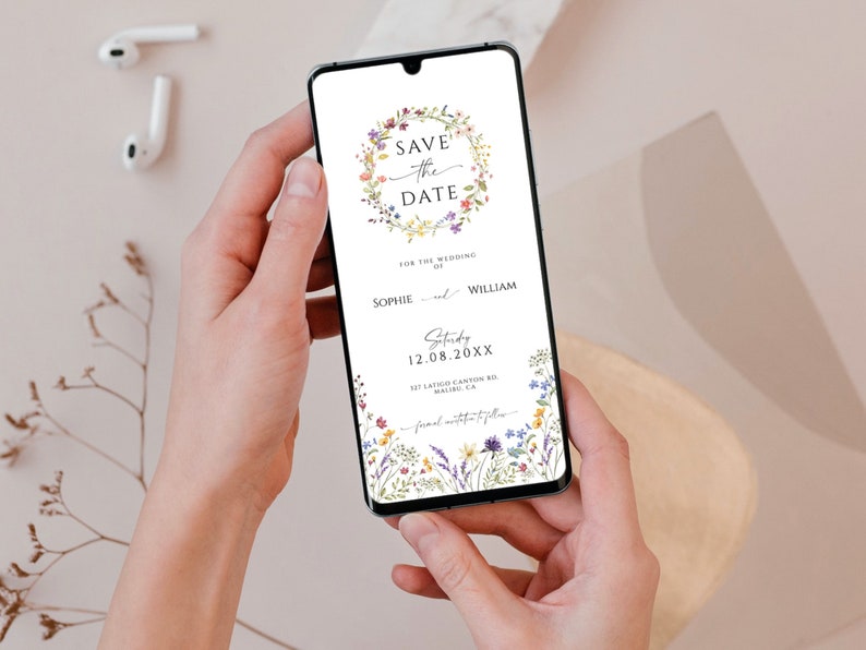 Wildflowers Electronic Save The Date Template, E-Invites For Phone, Editable Floral Wedding Save the Date