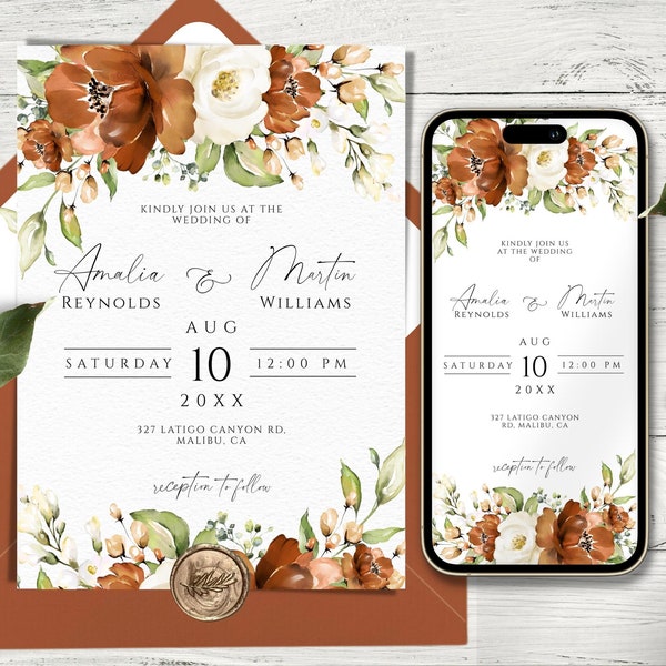 Terracotta Wedding Invitation Template, For Smartphone and Print, Editable Floral Wedding Evite, Modern Burnt Orange Rose Elegant Invite DIY