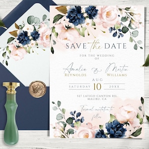 Vivian Blush Pink und Blau Navy Save The Date Vorlage, bearbeitbar und druckbar Rosa & Marineblau Blumen Hochzeit Save the Date Invite DIY