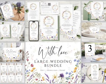 Wildflowers Wedding Invites Mega Bundle: Floral DIY Editable & Printable Invitations for Your Big Day.