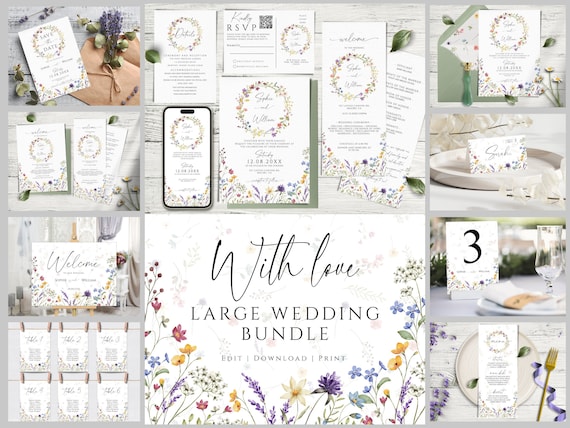 Wildflowers Wedding Invites Mega Bundle: Floral DIY Editable & Printable Invitations for Your Big Day.