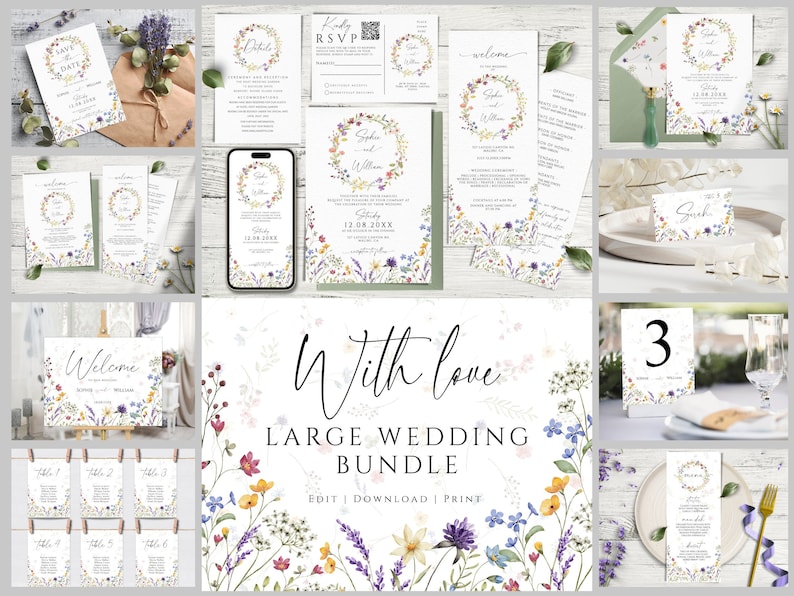 Wedding Invitation Bundle Template, Wildflowers Wedding Invites Mega Bundle, Floral DIY Editable & Printable Invitation