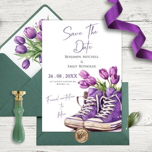 Purple Tulip Save the Date Template: Modern Floral Design (Digital Download)