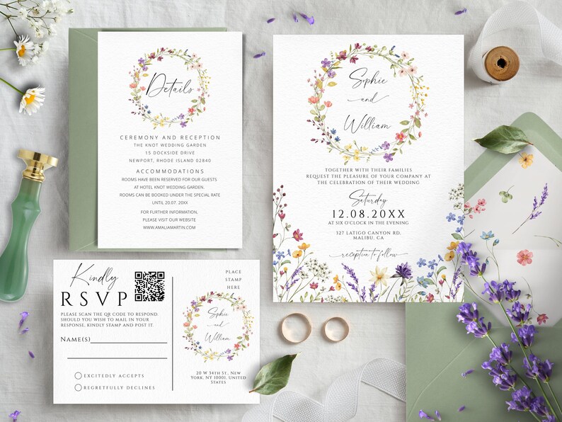 Wedding Invitation Bundle Template, Wildflowers Wedding Invites Mega Bundle, Floral DIY Editable & Printable Invitation