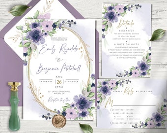 LILAC Printable Wedding Invites Bundle, Editable Dusty Purple Wedding Invitation Template set