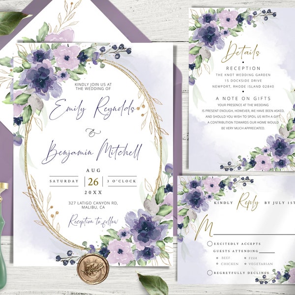 Dusty Purple und Gold Hochzeitseinladung Vorlage set, LILAC druckbare Hochzeit lädt Bündel, bearbeitbar, sofortiger Download, Blumen einlädt