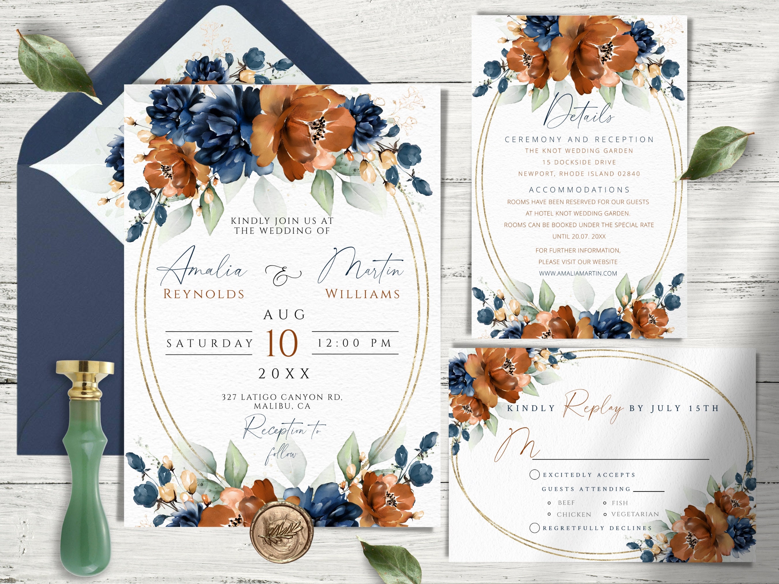 Rust and Navy Floral Wedding Bouquets DIY Invitation Seamless