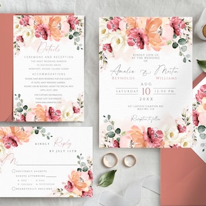 Hochzeitseinladungs-Vorlagenset mit Pfirsichflaum-Blumenmuster (bearbeitbar und druckbar)