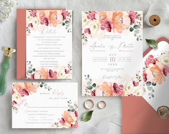Peach Fuzz Floral Wedding Invitation Template Set (Editable & Printable)