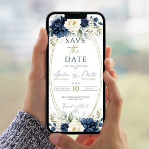 Floral marineblauw bewaar-de-datumsjabloon: bewerkbare telefoon Evite (digitale download)