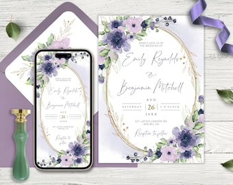 Dusty Purple Floral Wedding Invitation Template: Editable DIY (Instant Download)