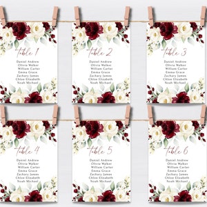 Bourgondische en witte bloemen hangende zitplaatsen grafiek sjablonen, aanpasbare elegante bruiloft tafeltoewijzingen, afdrukbare zitplaatsen grafiek sjabloon.