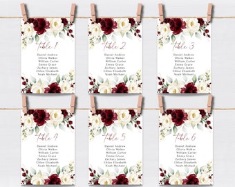 Burgundy and White Floral Hanging Seating Chart Templates, Customizable Elegant Wedding Table Assignments, Printable Seating Chart Template.