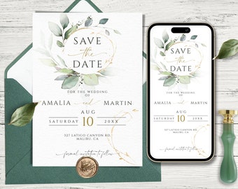 Wedding Save The Date Invites Template, Greenery and Gold Wedding Save The Date For Phone and Print, Royal Green Editable & Printable Evite.