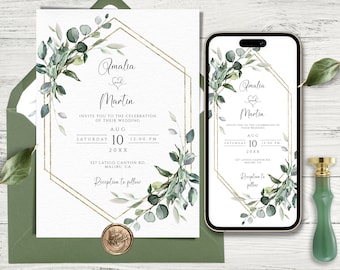 Greenery Wedding Invitation Template, Editable Eucalyptus Wedding Invitation For Phone and Print, Edit with TEMPLETT, DIY Instant Download.