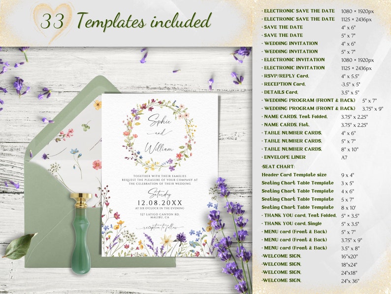 Wedding Invitation Bundle Template, Wildflowers Wedding Invites Mega Bundle, Floral DIY Editable & Printable Invitation