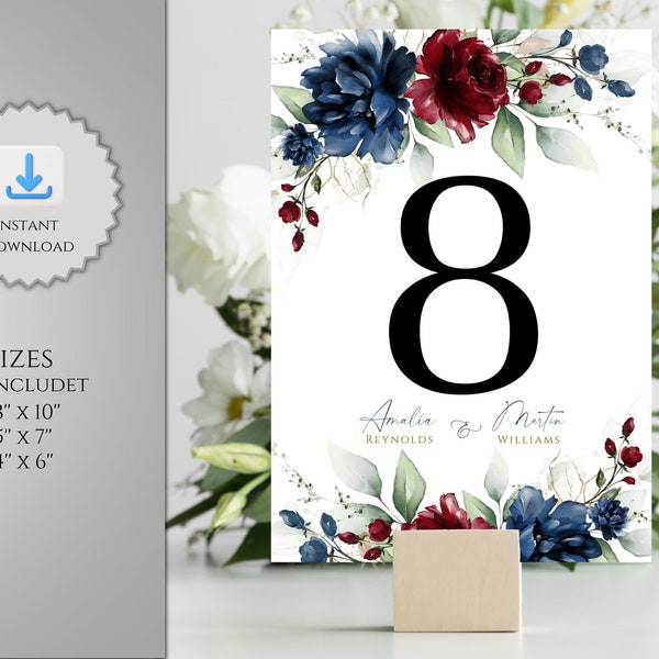 Burgundy & Blue Navy Table Numbers Template, Editable and Printable Red Burgundy and Blue Navy Wedding Table Number Card Wedding Table decor