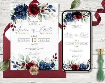 Navy Blue and Red Burgundy Floral Wedding Invitation Template for SmartPhone and Print, Editable and Printable Invites, INSTANT Download DIY