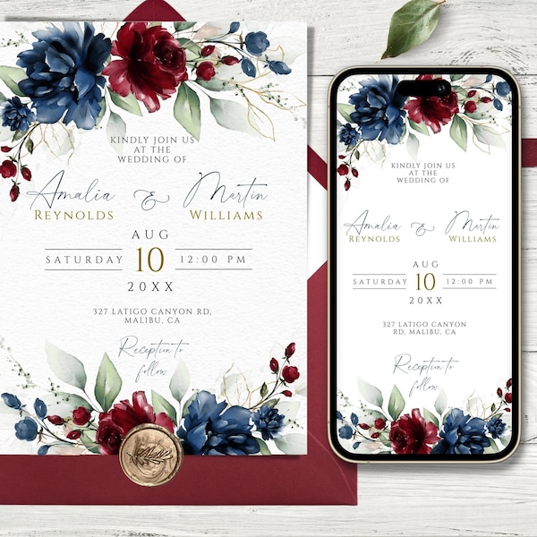 Navy and Burgundy Wedding Invitation - Etsy