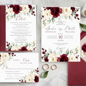 Zeitlose Eleganz, Burgunder und Weiß Blumenhochzeitseinladung Vorlagen Set - DIY druckbare - anpassbare - Sofort Download Rot und Weiß