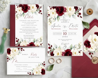 Burgundy Floral Wedding Invitation Template Set (DIY Printable)