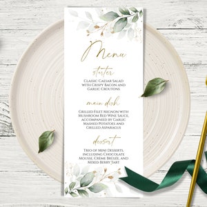 GLEAM bruiloft menusjabloon, groen bewerkbare menu downloaden, INSTANT downloaden, DIY afdrukbare groene bladeren bruiloft menu minimalistisch voedselmenu