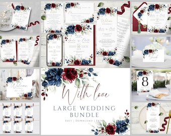 Wedding Invitation MEGA bundle Template, Red Burgundy & Navy Blue Floral Wedding Invites Mega Bundle Editable and Printable INSTANT Download