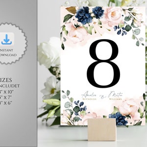 Vivian Blush Roze en Marineblauwe Tabelnummers Sjabloon, Zacht Roze & Marine Bewerkbare en Afdrukbare Bruiloft Tabelnummer Borden, INSTANT DOWNLOAD
