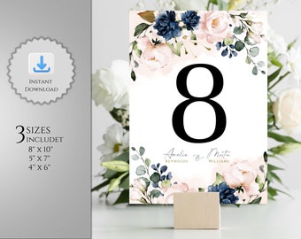Vivian Blush Pink and Navy Blue Table Numbers Template, Soft Pink & Navy Editable and Printable Wedding Table Number Signs, INSTANT DOWNLOAD