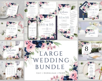 Wedding Invitation MEGA bundle Template, Pink and Navy Blue printable Wedding Invites Mega Bundle, Download | Pink Blue Navy Invitation Set.