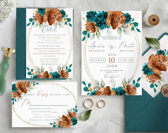 Conjunto de plantillas de invitación de boda verde azulado y naranja quemado, invitación editable e imprimible de terracota y verde azulado oscuro, invitaciones de descarga instantánea.