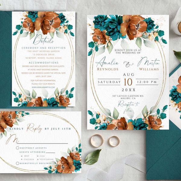 Teal & Burnt Orange Wedding Invitation Template Set, Editable and Printable Terracotta and Dark Teal Invitation, Instant Download Invites.